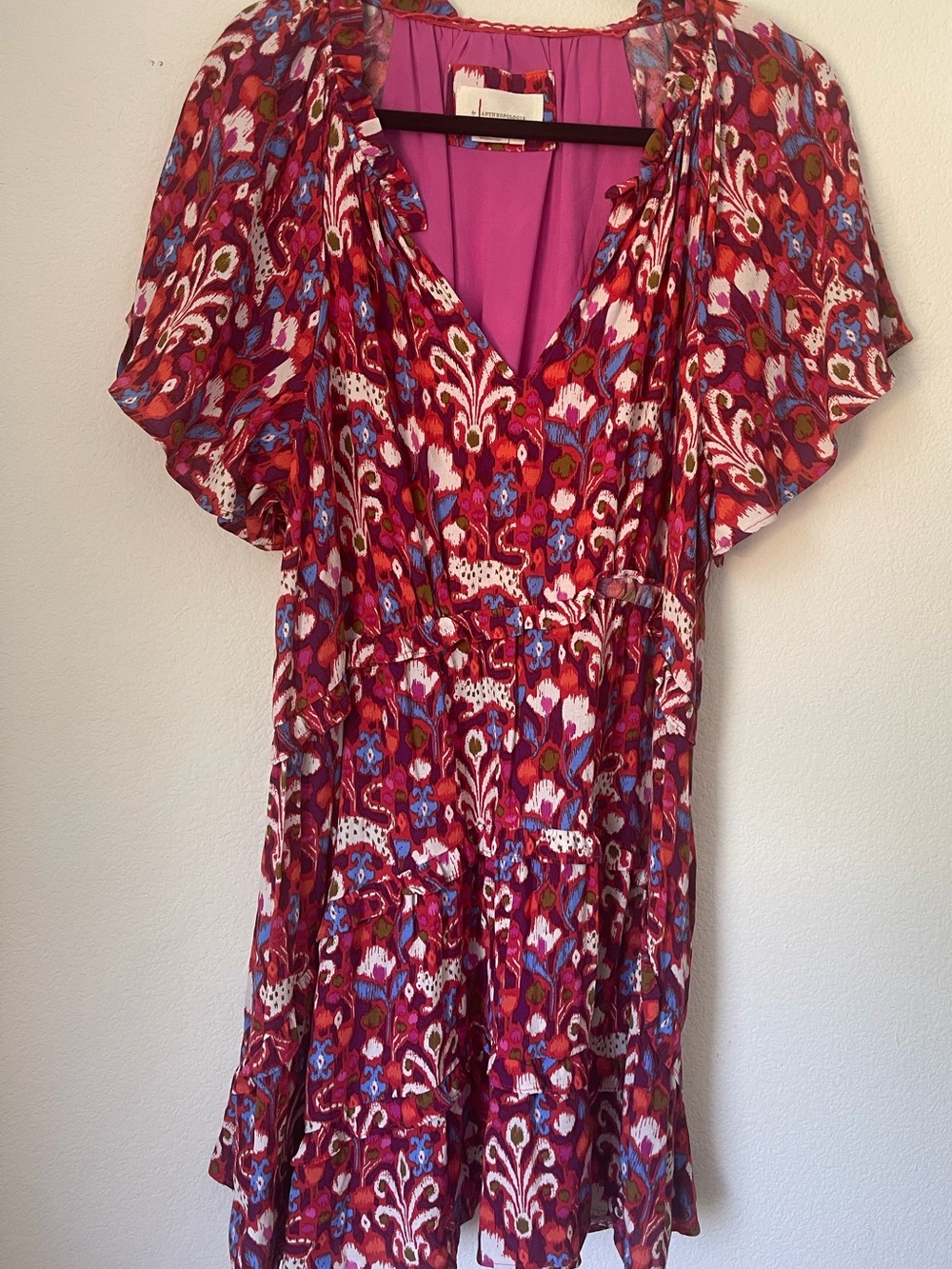 Anthropologie Robin Tiered Mini Dress Raspberry, Red and Pink Floral Printed